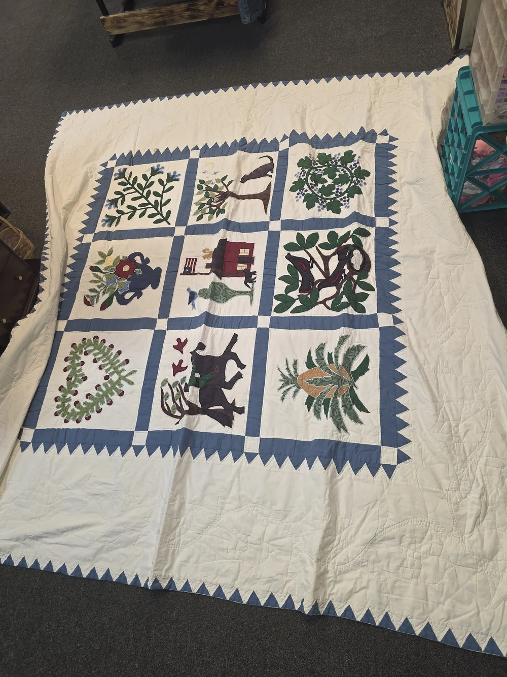 Handmade Blue & White Patchwork Quilt - Floral & Animal Motifs